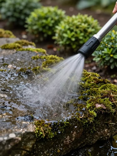Tight close-up of a soft-wash lance tip spraying a low-pressure mist onto a moss-covered stone surface, a green garden border with intact shrubs visible just beyond the stone edge in soft focus, natural daylight, water droplets catching light against the dark stone
