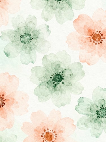 Close-up detail of watercolor floral textures in soft peach and sage green, hand-painted artistic botanical art