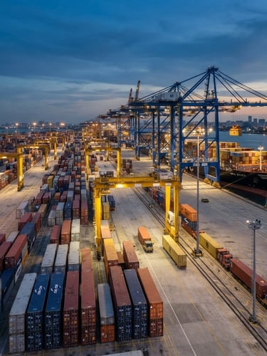 Wide-angle crisp architectural shot of a modern container terminal at dusk, automated cranes loading cargo, soft industrial lighting, sharp focus.