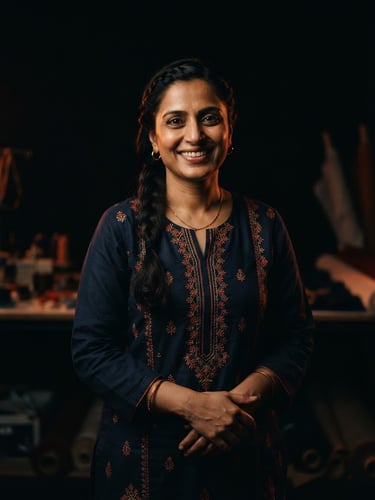 Dramatic dark-mode portrait of a confident Pakistani small business owner, smiling, with subtle vibrant orange accent lighting, matte black background, sharp focus, premium editorial, 35mm.