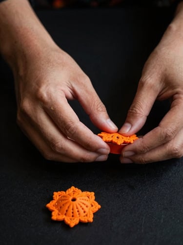 Close-up shot of hands carefully arranging traditional Pakistani craft items, with vibrant orange highlights, matte black background, sharp focus, premium editorial, 35mm.