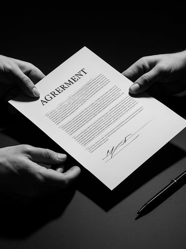 Close-up of two hands exchanging a signed partnership agreement across a matte black table, sharp studio strobe light casting crisp shadows, pen resting beside the document, high contrast monochrome