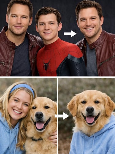 a collage of images containing a dog,a man and a woman posing for a photo