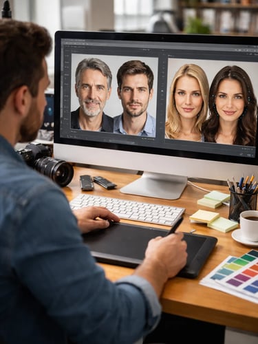 a man sitting at a desk with a computer screen showing a group of people
