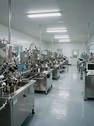 Wide environmental mid-distance view of a GMP pharmaceutical manufacturing floor, stainless steel equipment and processing lines receding toward the far wall, bright even overhead fluorescent lighting, no people, clean industrial interior