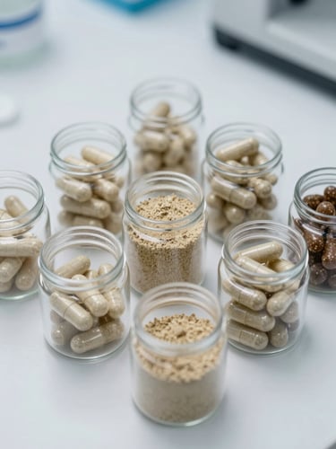 Close-up of finished Ayurvedic capsules and powder in standardized clear containers on a clean white laboratory bench under bright even studio lighting, product arranged in a tight grid, no props