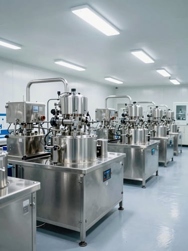 Wide panoramic view of a GMP pharmaceutical manufacturing floor from mid-distance, stainless steel processing equipment in rows under bright even overhead lighting, clean white walls and epoxy floors, no people, clinical and industrial