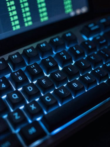 Macro shot of a glowing mechanical keyboard and a dark monitor showing green percentages, terminal aesthetic, cool blue ambient light