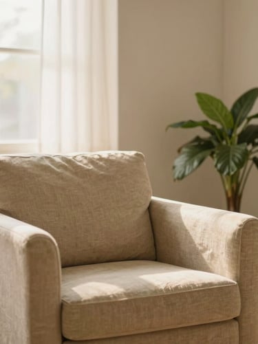 A warm-toned therapy office with a soft linen armchair, a green potted plant in the corner, diffused morning light, peaceful atmosphere