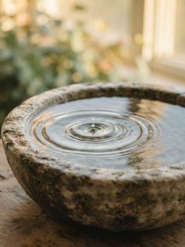 Soft-focus water ripples in a stone basin, warm morning sunlight, muted sage and gold tones, shallow depth of field
