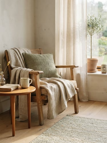 A quiet indoor space with natural wood and linen textures, soft morning window light casting gentle shadows, minimalist aesthetic