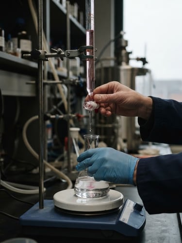 Close-up of a chemist's hands performing a titration test on a clear liquid sample in a laboratory, precision glassware, muted industrial background, overcast daylight, deep navy and steel tones.