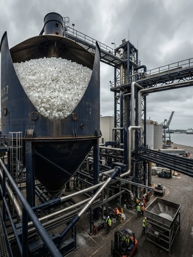 Wide panoramic view of raw industrial polymer pellets in a large storage silo, overcast daylight, deep navy and steel tones, cinematic composition.