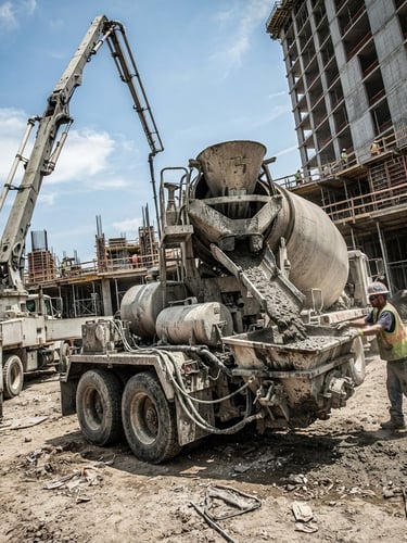 Low-angle wide-angle shot of a massive transit mixer truck discharging wet concrete into a high-reach boom pump hopper at a dusty construction site, harsh bright daylight, high-contrast steel and concrete tones, industrial grit photography.