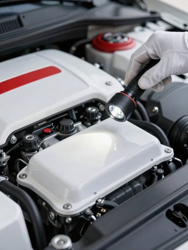 Macro shot of a car's engine bay being inspected by a gloved hand with a flashlight, bright daylight, sharp focus on mechanical details, clean automotive photography, white and red accents.