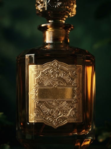 Dramatic low-key product photography of a heavy glass Sovereign Aroma bottle on a dark forest green background, rich gold side-lighting, macro detail of the gold foil label, 35mm