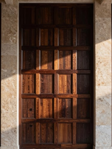 Symmetrical architectural interior, close-up of a wall with dark wood lambrin panels and natural stone accents, warm ambient lighting casting soft shadows, high-contrast editorial photography