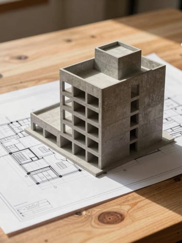 Architectural blueprint on a wooden work table, with a physical scale model of a concrete building beside it, warm natural side light