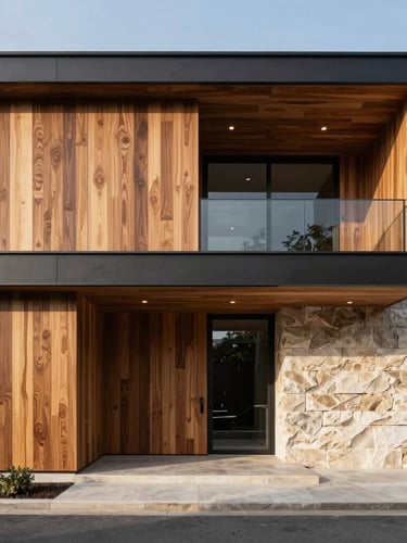 Interior rendering of a contemporary residence, showing high-end wood paneling, natural stone finishes, and precise architectural lighting.