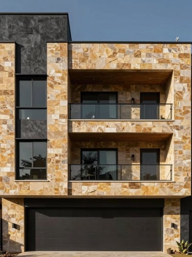 Sharp architectural photography of a modern residential facade in Hidalgo, high-contrast natural sunlight casting geometric shadows, warm stone and charcoal finishes.