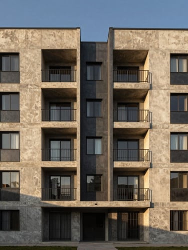 Symmetrical straight-on shot of a modern four-story concrete and steel apartment building in Tezontepec de Aldama, sharp architectural lines, warm afternoon sunlight casting geometric shadows, editorial style