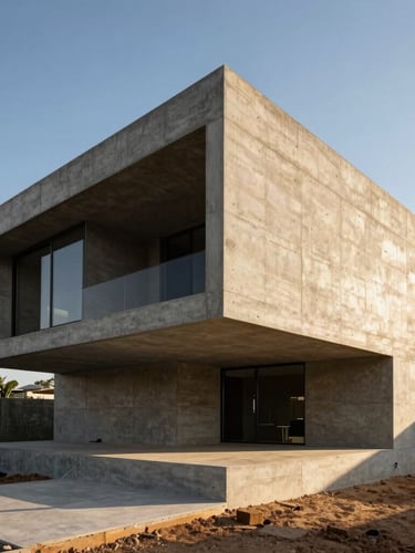 Sharp architectural photography of a modern concrete house under construction in Hidalgo, high-contrast natural sunlight, clean geometric lines.