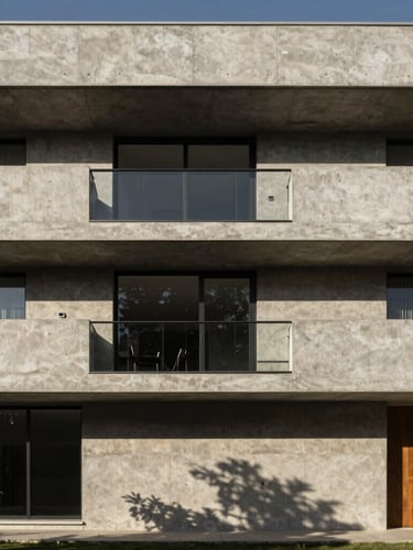 Sharp architectural photography of a minimalist concrete and glass residential facade in Hidalgo, high-contrast natural sunlight casting deep geometric shadows, warm amber accents.