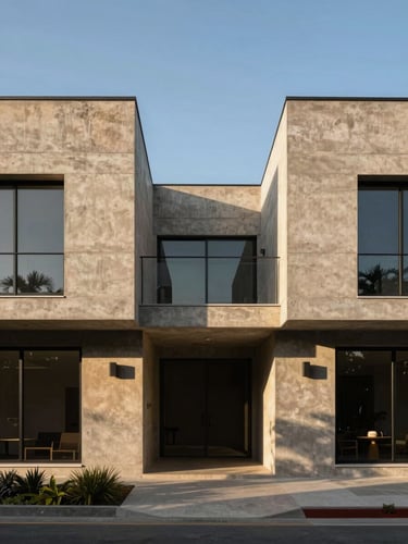Symmetrical architectural exterior of a modern concrete house in Hidalgo under intense afternoon sunlight, casting sharp geometric shadows