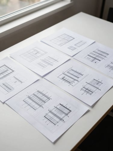 Wide overhead shot of a design process artifact — printed wireframe sheets and annotated sketches spread on a sparse white desk, natural window light from above, no people, high contrast, clean background