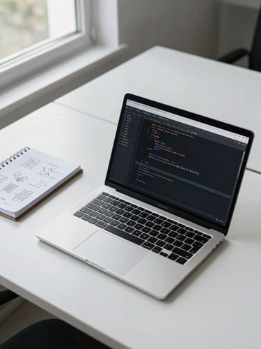 Wide shot of a sparse developer workspace from above — a single open laptop displaying a code editor with monochrome syntax highlighting, a small notebook with handwritten wireframe sketches beside it, clean white desk surface, daylight from a window to the left, no clutter