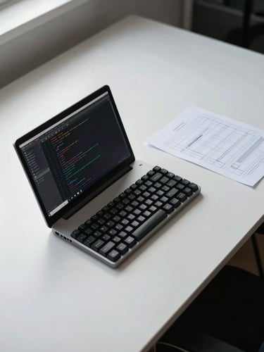 Wide overhead shot of a sparse developer workspace — mechanical keyboard, open laptop displaying a code editor with dark theme, a single printed wireframe sheet beside it, diffused daylight from the upper-left, clean white desk surface, no clutter
