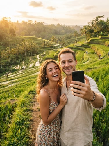 A smiling couple taking a selfie with a scenic Balinese rice terrace background, warm golden-hour sunlight, editorial travel photography.