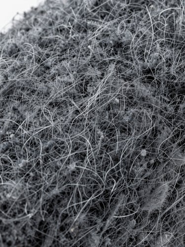 Macro photograph of high-density rock wool fibers, crisp technical studio lighting, showing dense mineral structure, cool slate tones, 35mm