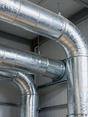 Crisp industrial mechanical room, large metallic HVAC ducts wrapped in silver-faced glass wool insulation, bright daylight, 35mm