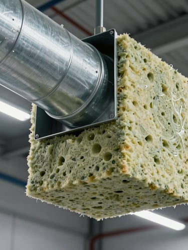 Close-up of a heavy-duty rectangular steel duct wrapped in dense rock wool insulation, installed in a modern industrial ceiling, crisp technical lighting