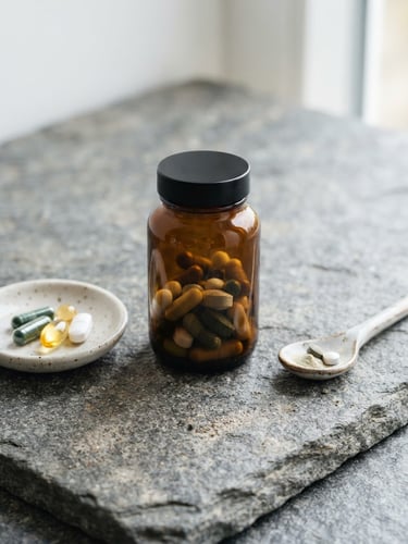 Minimalist product shot of health supplements on clean textured stone, bright natural daylight, sharp focus, 50mm lens