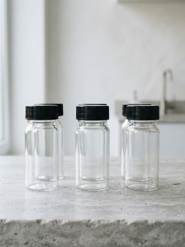 A minimalist laboratory setting with clean glass vials on a light textured stone surface, bright natural daylight, sharp focus.