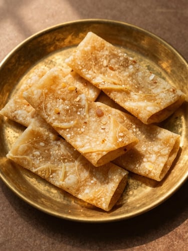 Overhead flat-lay of golden-brown hand-rolled mathri on a rustic brass plate, warm directional afternoon sun casting soft shadows, rich saturated earthy tones.