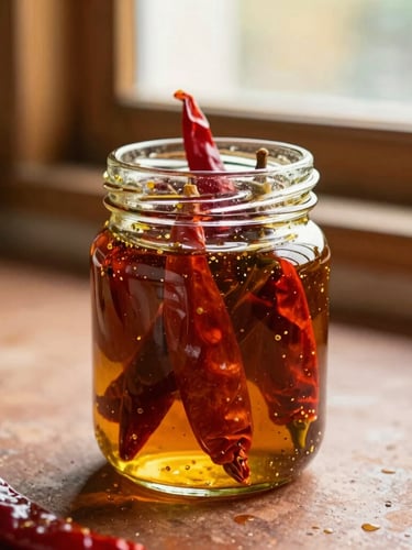 Tight macro shot of sun-dried red chili pickles glistening in mustard oil inside a glass jar, warm afternoon kitchen window light, rustic clay surface