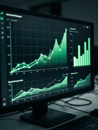 Macro shot of a glowing performance marketing dashboard showing positive green charts on a deep charcoal screen, technical gridlines, high contrast, 35mm lens.