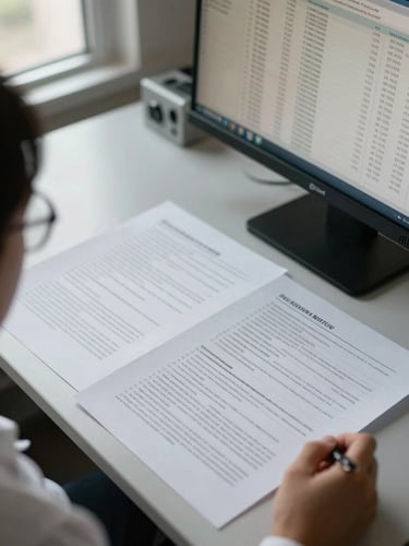 Close overhead shot of a researcher's desk, annotated printouts spread flat, a screen partially visible showing a structured data table with columns and rows of extracted findings, soft natural window light from the left, muted tones