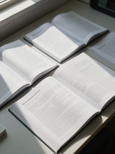 Wide overhead view of a researcher's desk, open annotated journal and printed papers arranged in organized rows, soft natural daylight from a nearby window casting gentle shadows across handwritten margin notes