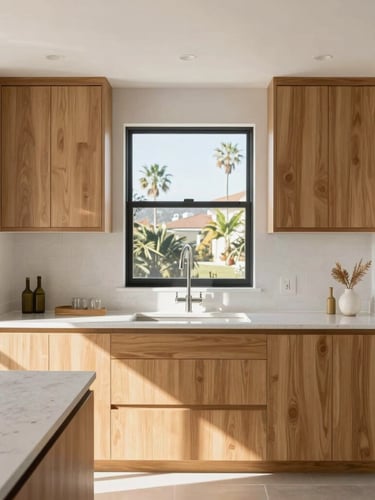Straight-on architectural photograph of a sunlit modern kitchen, oak cabinets, clean quartz countertops, warm Southern California afternoon light streaming through a window, highly detailed, 35mm lens.