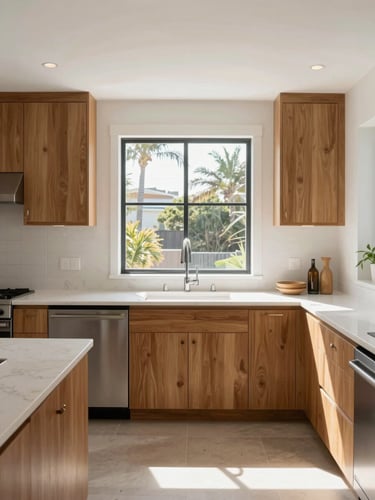 Straight-on architectural shot of a modern kitchen with warm oak cabinets, white quartz countertops, natural Southern California sunlight pouring through a large window, sharp focus.