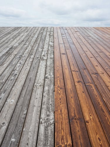 Wide-angle natural daylight shot of a weathered wood deck on the left half and the same deck freshly power washed on the right half, split down the center, clean grain visible on the right, gray grime on the left, overcast sky above
