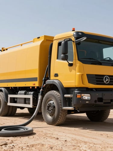 Dynamic low-angle shot of a yellow and black heavy-duty vacuum truck, high-pressure jetting hose coiled, desert daylight, sharp metallic textures