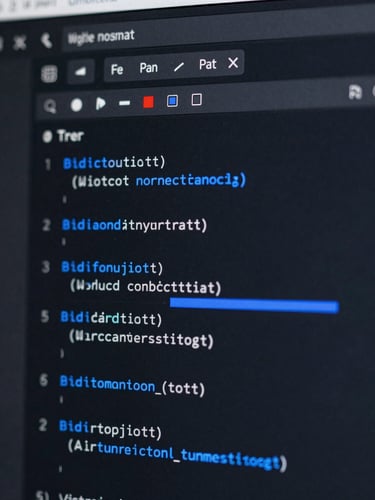 Extreme close-up macro shot of a dark-mode WordPress interface showing clean code blocks and structured AI automation toggles, electric cobalt highlights, sharp studio lighting.