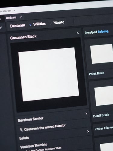 Extreme close-up of a dark-mode WordPress editor interface showing custom block configurations, sharp cool-toned studio lighting, crisp typography.