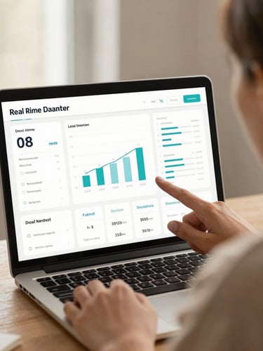 Over-the-shoulder view of a digital marketer analyzing real-time donation dashboards under soft warm window light, warm earth tones, shallow depth of field
