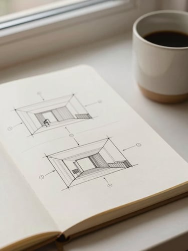Minimalist flat-lay of a modern notebook with clean architectural sketches of user flows, beside an elegant ceramic cup, soft natural window light, earth tones